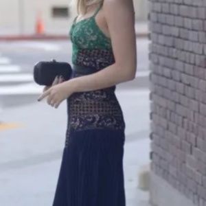 Self-Portrait Panelled Pleat Midi Dress Navy/Green